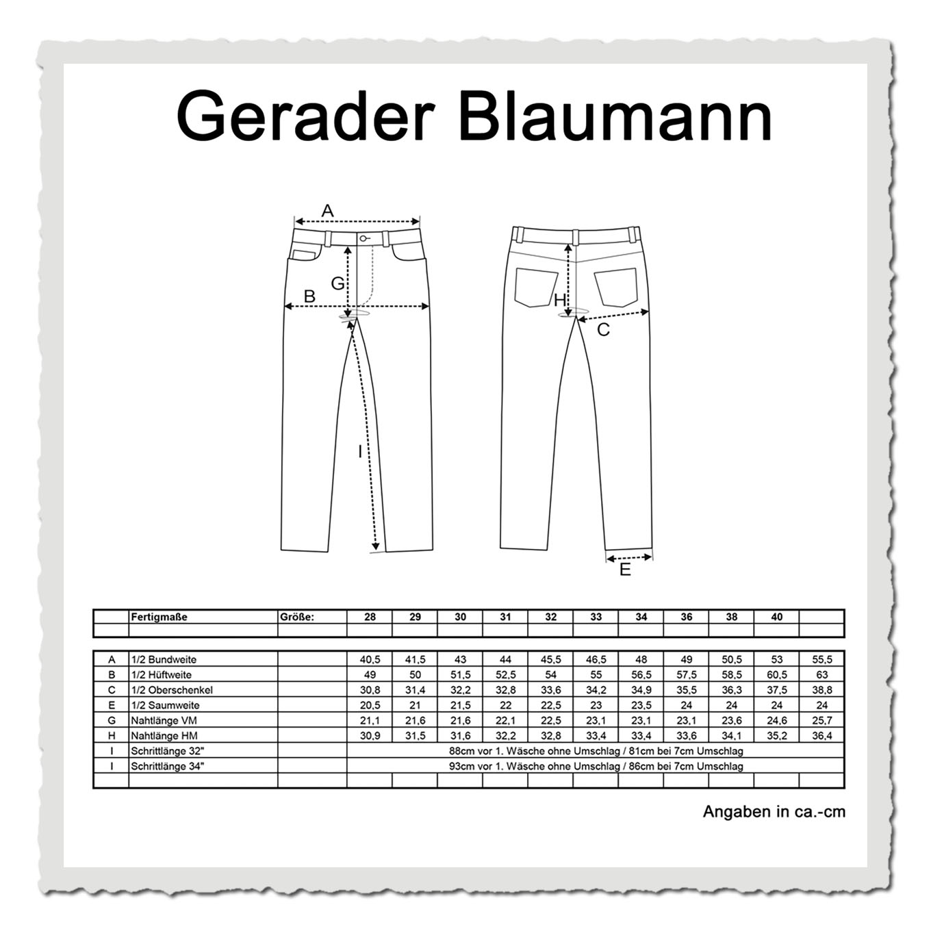 Maßtabelle des Geraden Blaumanns mit Jeanszeichnung von vorn und hinten sowie Maßangaben für verschiedene Größen.